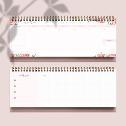 Belle Fleur Non-Dated Spiral Weekly Desk Calendar Planner, 60 Week Inspirational to Do List Pad Desktop Stand, 3.75" x 10.5", La Lune Collection by Bright Day