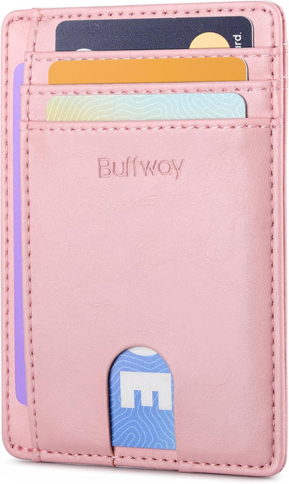 Buffway Slim Minimalist Front Pocket RFID Blocking Leather Wallets for Men and Women - Carbon Fiber Black - Colors A