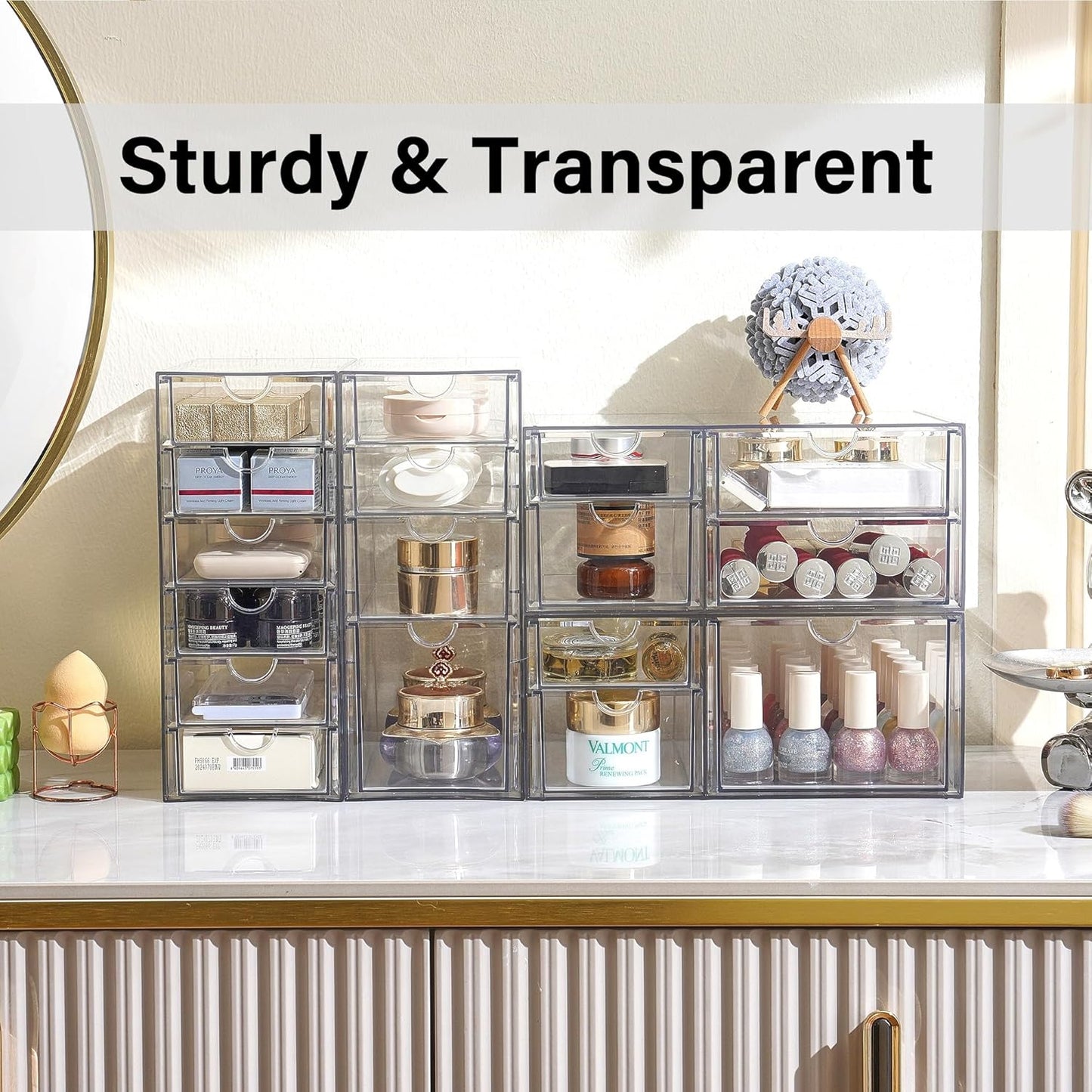 Prsildan Acrylic Drawer Makeup Organizer with 6 Drawers (Not for Baby Bottle), Set of 2 Office Desk Organizers Accessories, Clear Stackable Storage Drawers for Vanity, Craft (Largest Drawer 4" Tall)