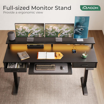 AODK Electric Standing Desk with Drawers & Keyboard Tray, 55 Inch Height Adjustable Gaming Desk with Power Outlets & LED Lights, Sit Stand Table with Monitor Stand for Home, Office, Rustic Brown