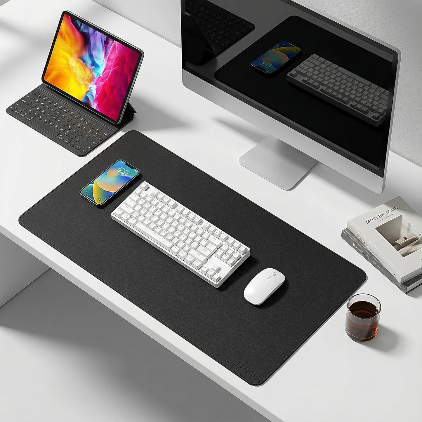 Fenge Desk Pad Mat, Water Resistant Mouse Pad, Double-Sided Mouse Mat with Anti-Slip Cork Base, Faux Leather Desk Blotter for Home Office, Laptop, Mouse, 23.6 x 13.8 Inches, Black