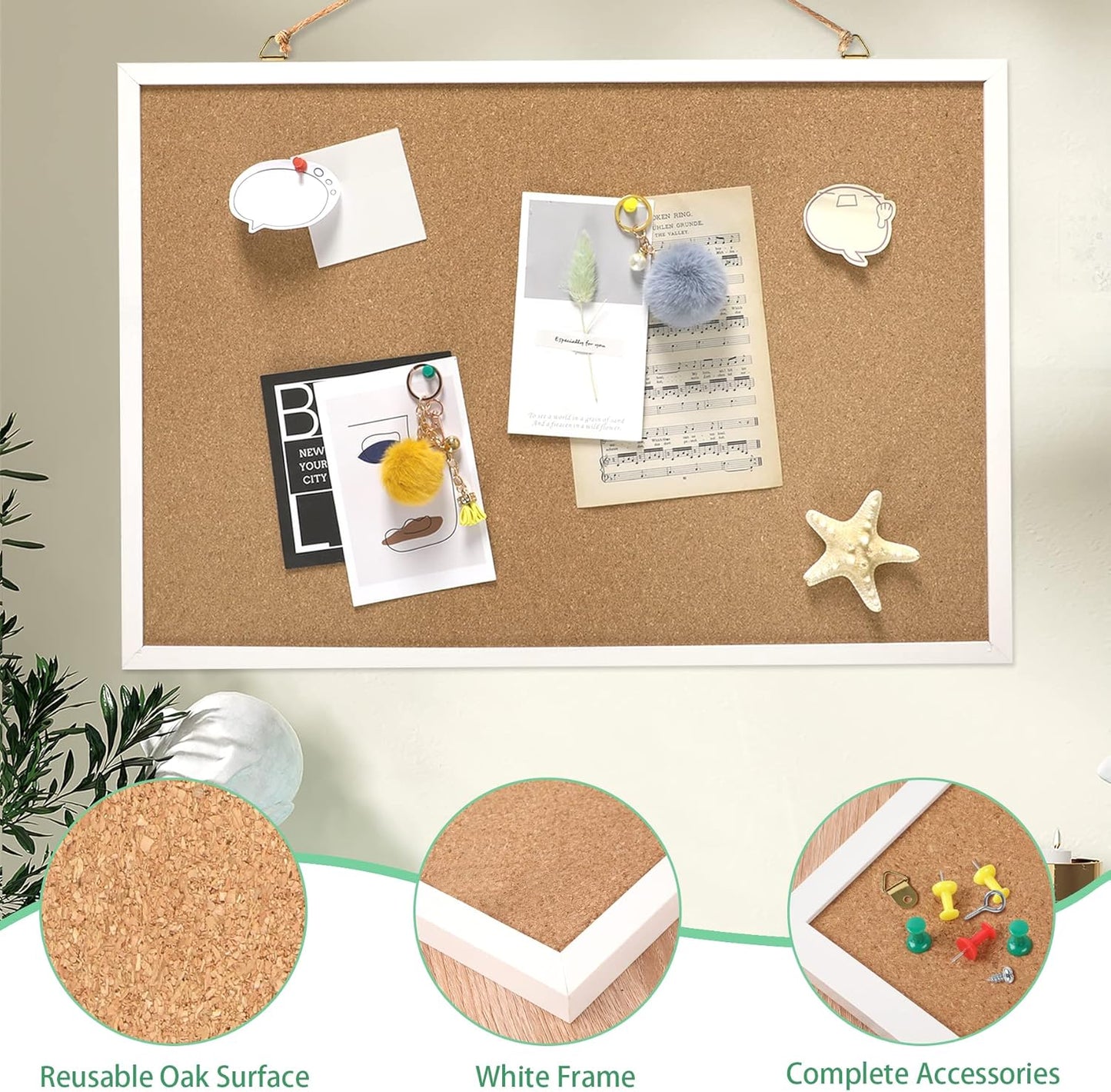 FEBSNOW Cork Board Bulletin Board 15.7 x 12 Inches with Rectangle White Frame Hanging Pin for Office Home Message Board or Vision Board Decoration