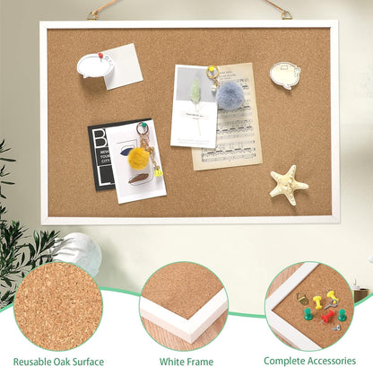FEBSNOW Cork Board Bulletin Board 15.7 x 12 Inches with Rectangle White Frame Hanging Pin for Office Home Message Board or Vision Board Decoration