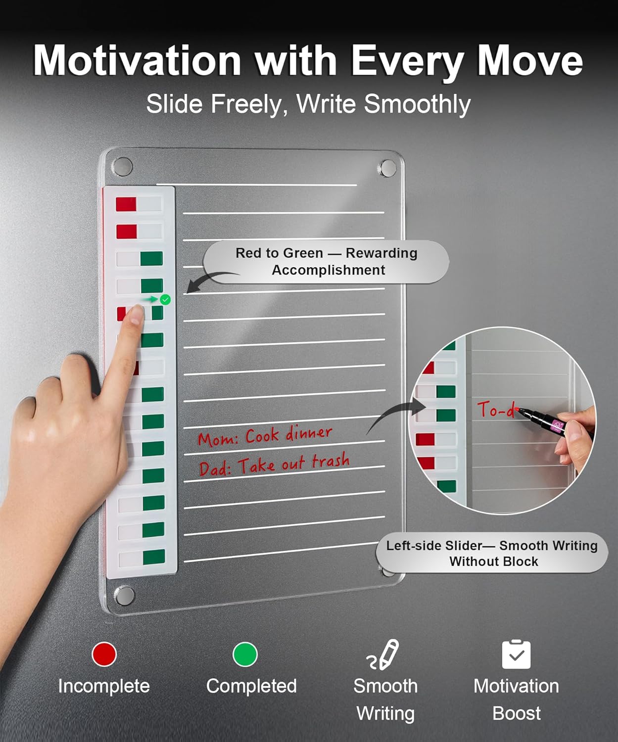 Magnetic Acrylic Dry Erase Board for Fridge, to Do List White Board with Sliding Buttons, 12"X8.2" Clear Chore Chart for Adults, Reusable Refrigerator Whiteboard Includes 5 Markers (White Line)