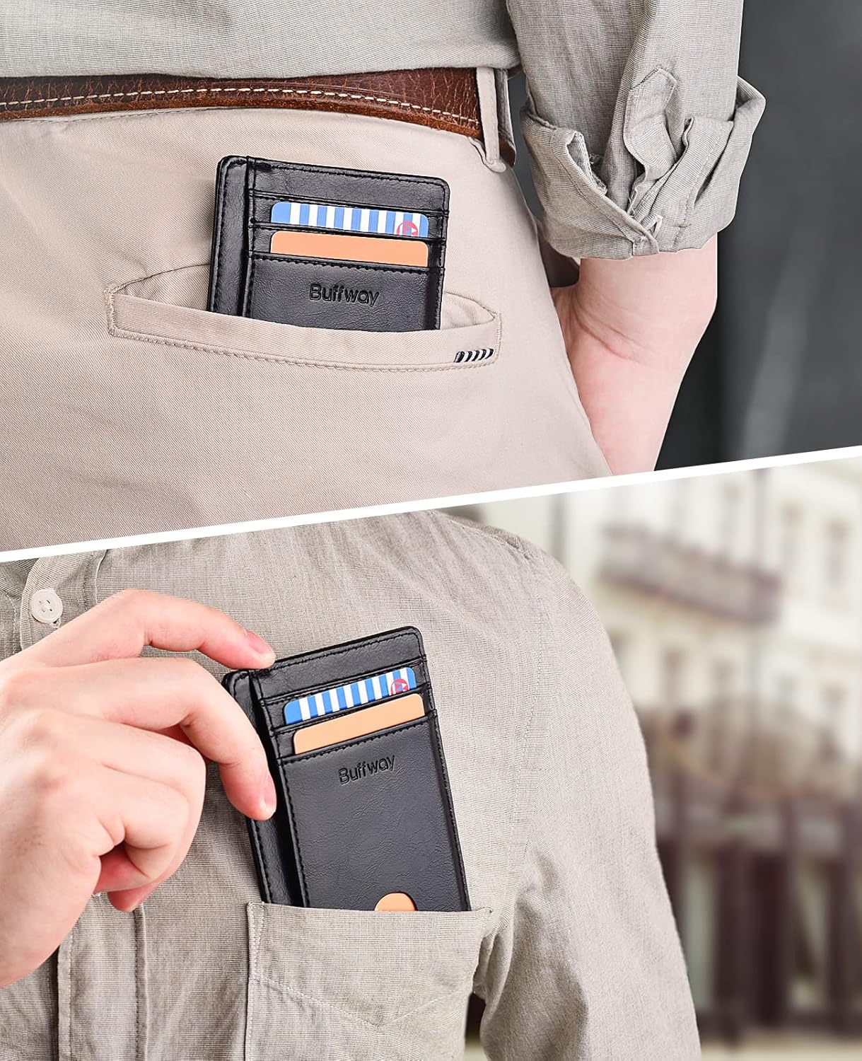 Buffway Slim Minimalist Front Pocket RFID Blocking Leather Wallets for Men and Women - Carbon Fiber Black - Colors A