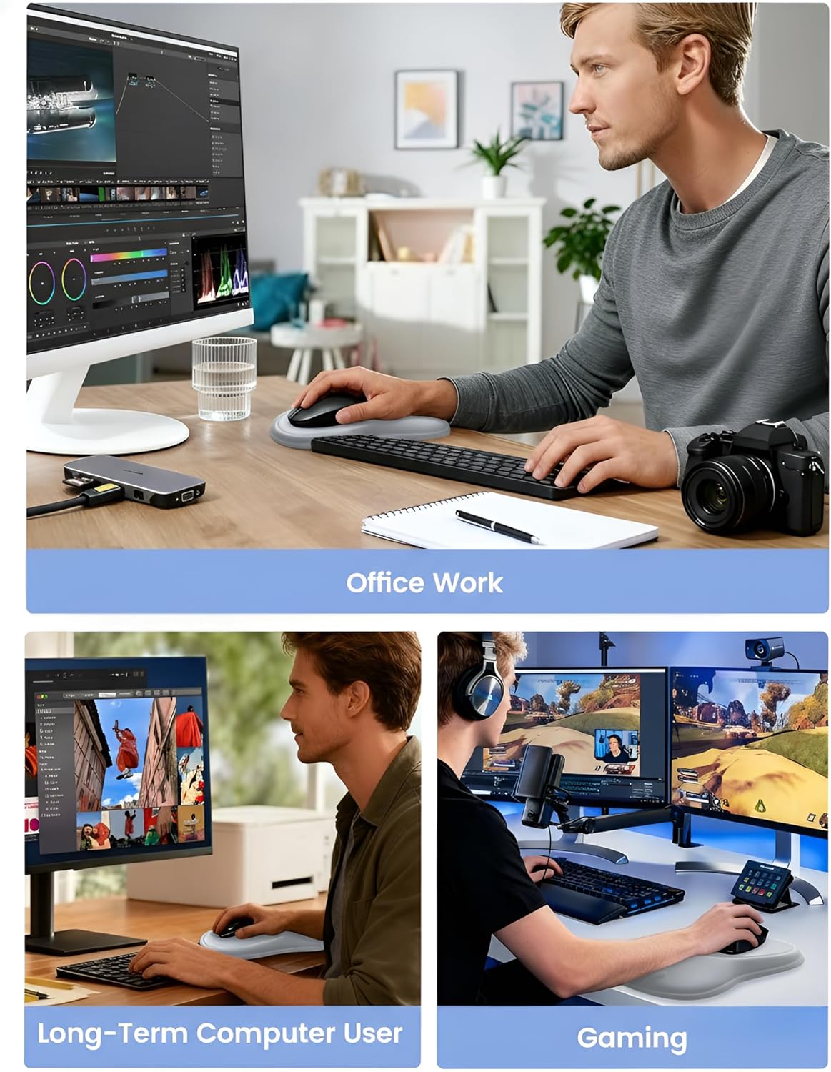 meatanty Mouse Pad with Wrist Rest, Ergonomic Mouse Wrist Support, Desk Mouse Mat Computer Accessories, Soft Memory Foam Palm Hand Pain Relief, Non-Slip Laptop Cushion, Office Home Gaming Black Blue