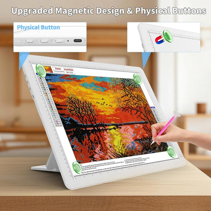 TOHETO Rechargeable A4 Light Board with Stand, Super Bright Magnetic Light Pad with Side Buttons, Wireless Light Box for Tracing and Drawing, Cordless LED Light Table for Diamond Painting, Sketching