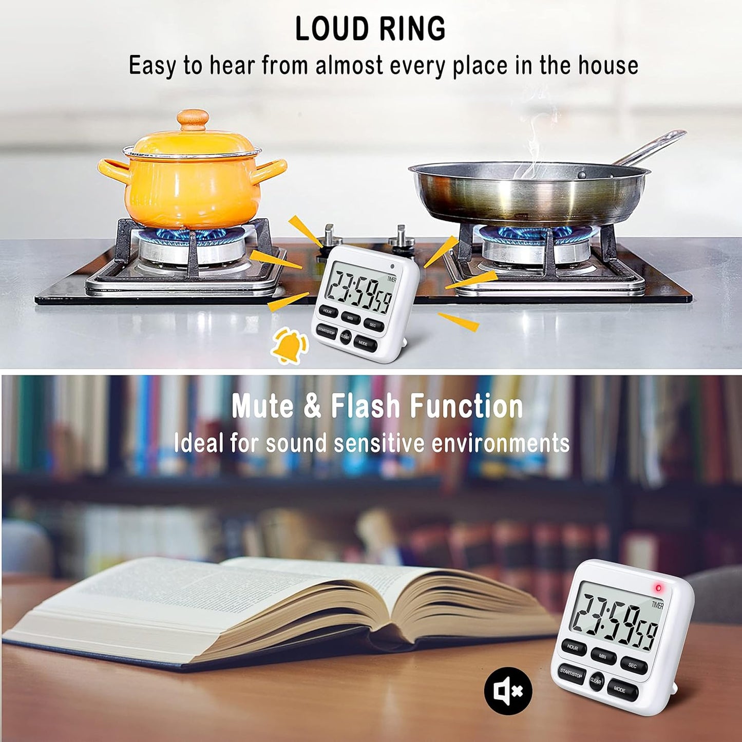 KTKUDY Digital Kitchen Timer with Mute/Loud Alarm Switch ON/Off Switch, 12-Hour Clock & Alarm, Memory Function Count Up & Count Down for Kids Teachers Cooking, Large LCD Display, Strong Magnet (Black)