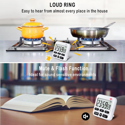 KTKUDY Digital Kitchen Timer with Mute/Loud Alarm Switch ON/Off Switch, 12-Hour Clock & Alarm, Memory Function Count Up & Count Down for Kids Teachers Cooking, Large LCD Display, Strong Magnet (Black)