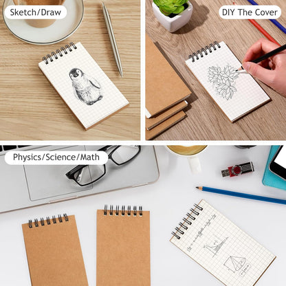 Jutom 2 Pcs Mini Pocket Notebooks Bulk 3x5 Graph Paper Top Spiral Notebook 120 Pages 80 Gsm Mini Grid Notepads for Personal Organizers Home Classroom Business Work Supplies (Kraft)