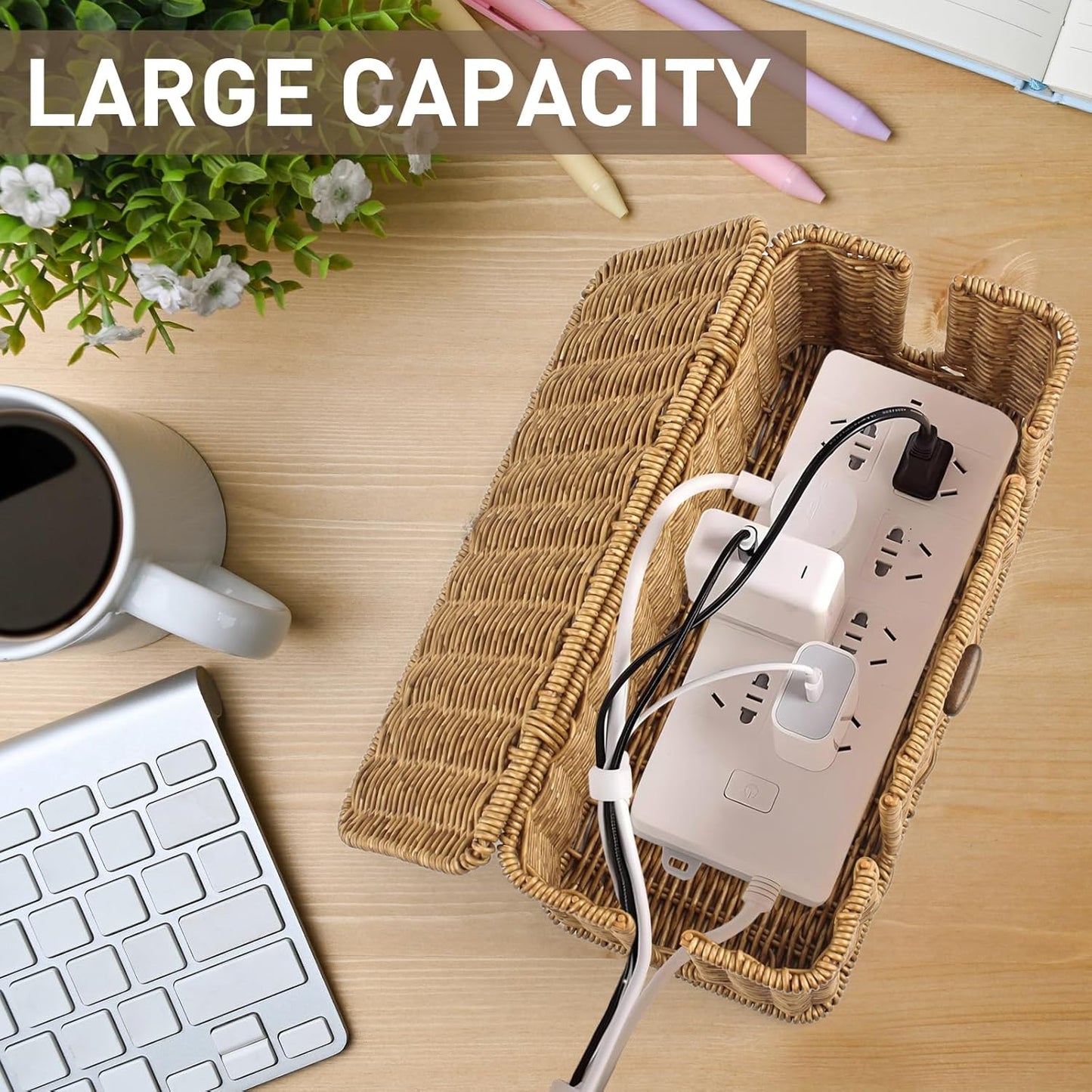 2 Pack Rattan Cable Management Box, Large Cord Organizer Box with Lid Under Desk Router Hider Storage Box with 4 Exits, Wire Box Hider for TV Wires Computer Surge Protector USB Hub Power Strip