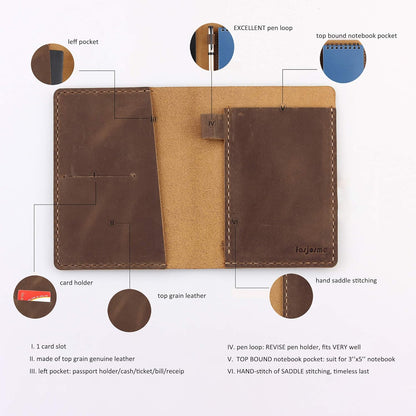Leather Cover Compatible With Rite in the Rain Top Spiral Notebooks, Handmade Top Bound Notebook Cover For 3" x 5" Writing Pad Holder, Mini Pocket Notepad Holder - COFFEE