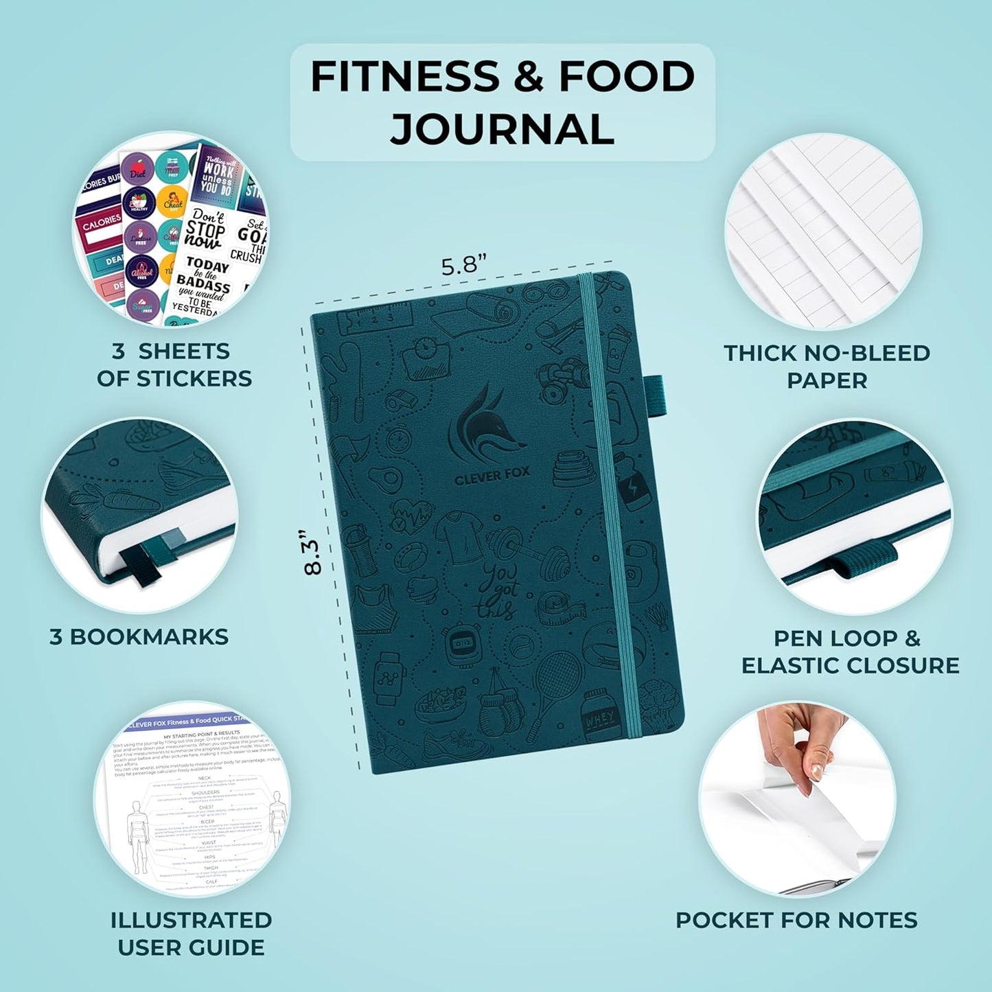 Clever Fox Fitness & Food Journal – Nutrition & Workout Planner for Women & Men – Diet & Gym Exercise Log Book with Calendars, Diet & Training Trackers - Undated, A5 Size, Hardcover (Forest Green)