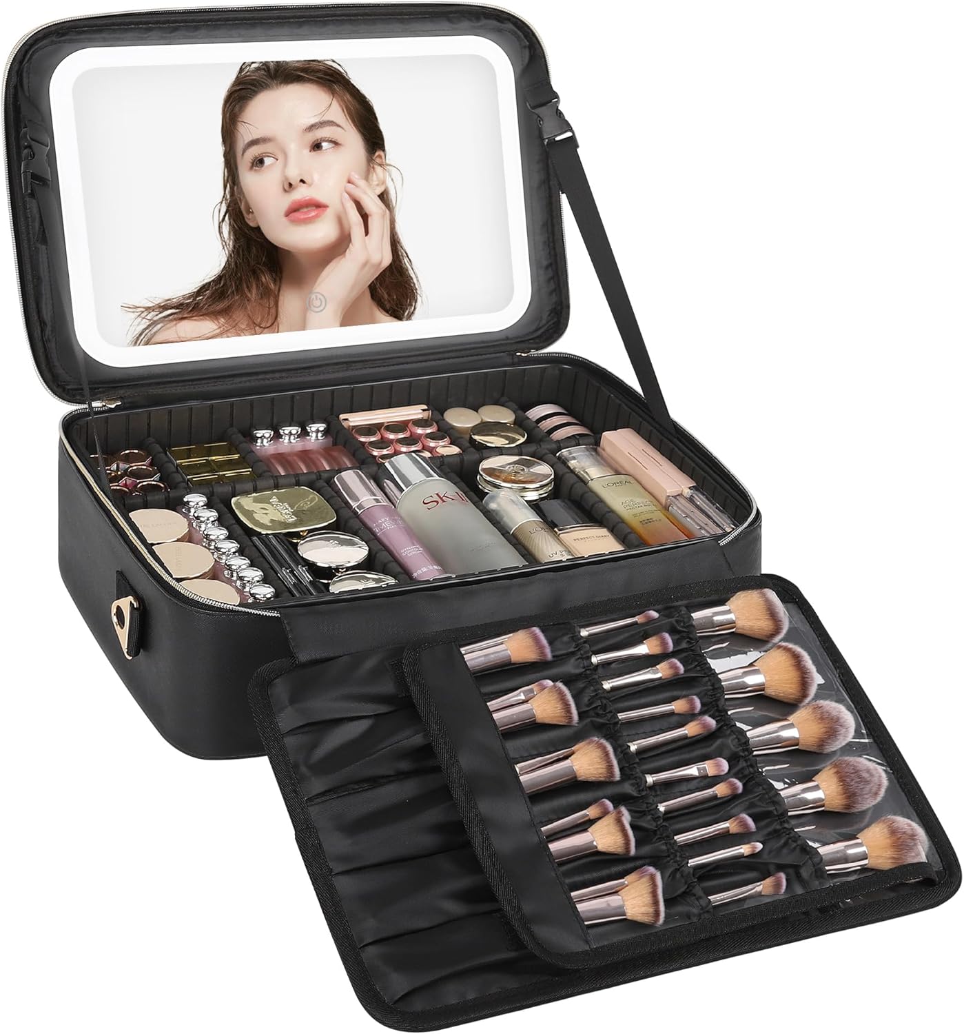 Relavel Travel Makeup Bag With LED Mirror, Cosmetic Train Case with Light up Mirror, Portable Makeup Artist Organizer Bag with Adjustable Dividers, Makeup Brush Holder Storage, Black