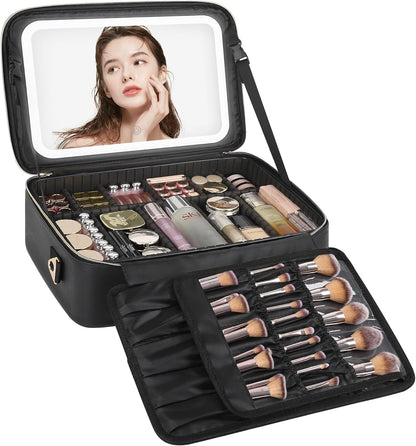 Relavel Travel Makeup Bag With LED Mirror, Cosmetic Train Case with Light up Mirror, Portable Makeup Artist Organizer Bag with Adjustable Dividers, Makeup Brush Holder Storage, Black