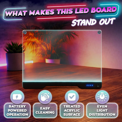 Upgraded 16” LED Drawing Board – Rechargeable, 7 Colors, 10 Light Modes, Adjustable Brightness – Acrylic Light Board for Tracing with Stand, Markers and Full Kit – Birthday Gift Set (Black)