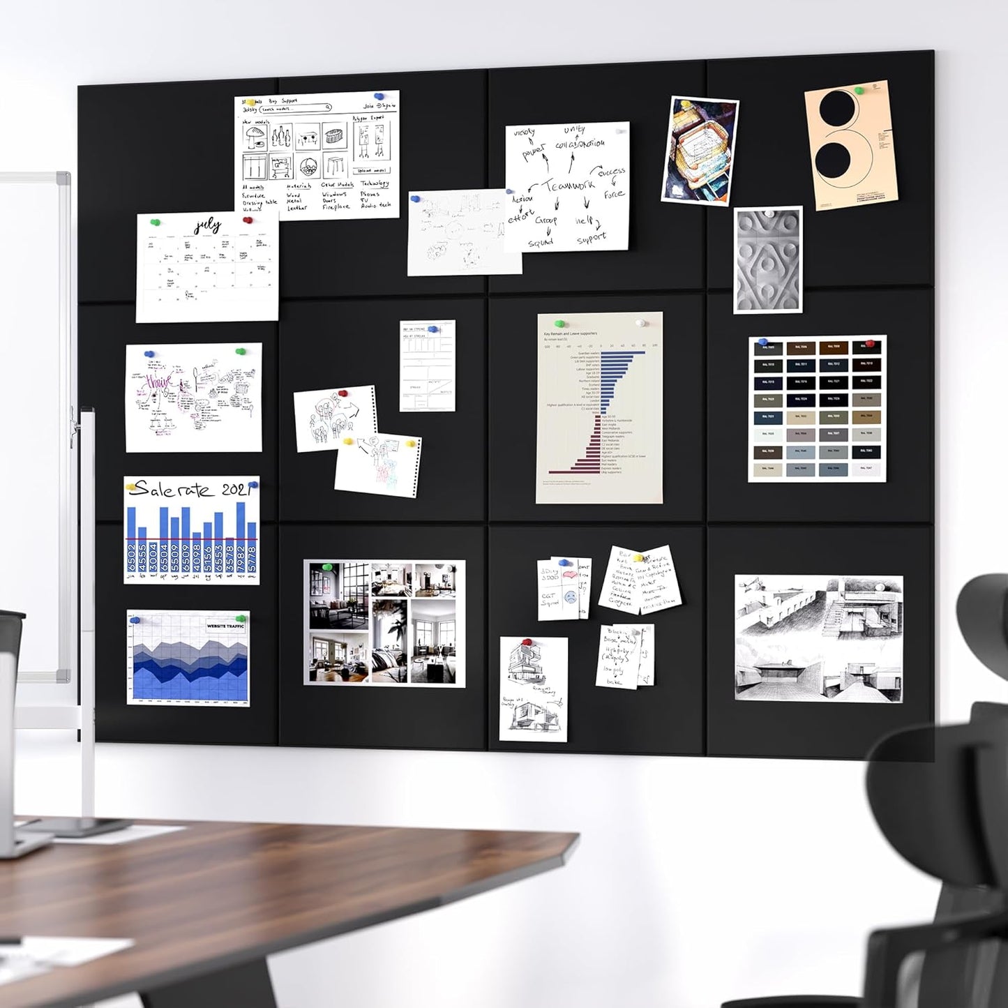 Neatsure Large Cork Board for Wall, Black Felt Bulletin Board with Pushpins, 36" x 24" 6 Panels Wall Tiles, Tack Push Pin Boards for Office