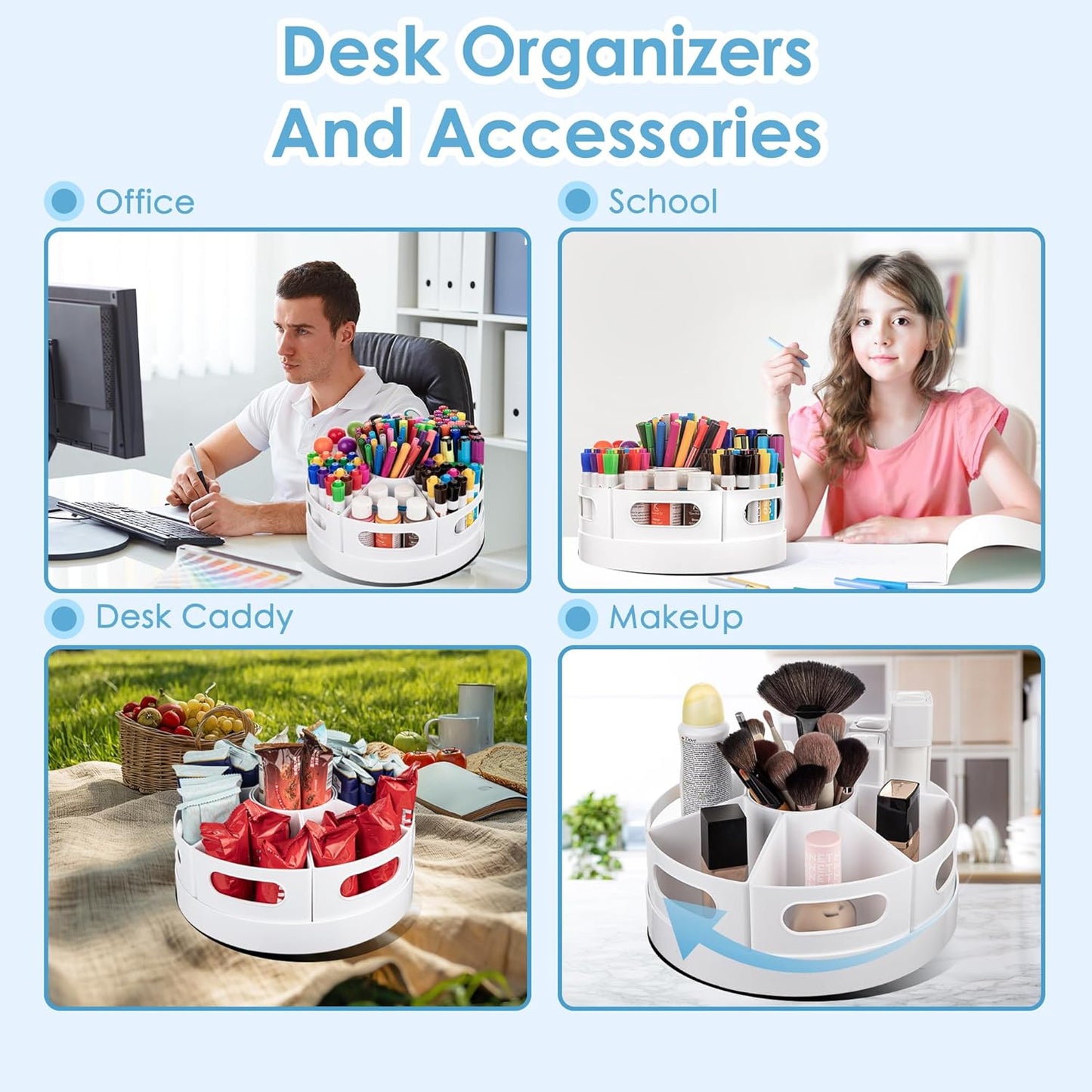 CraftGenes Art Supplies Organizer, Extra Large 360° Rotating Desk Organizer with 7 Removable Compartments, Marker Organizer for Home, Office, and Classroom, Crayon Holder