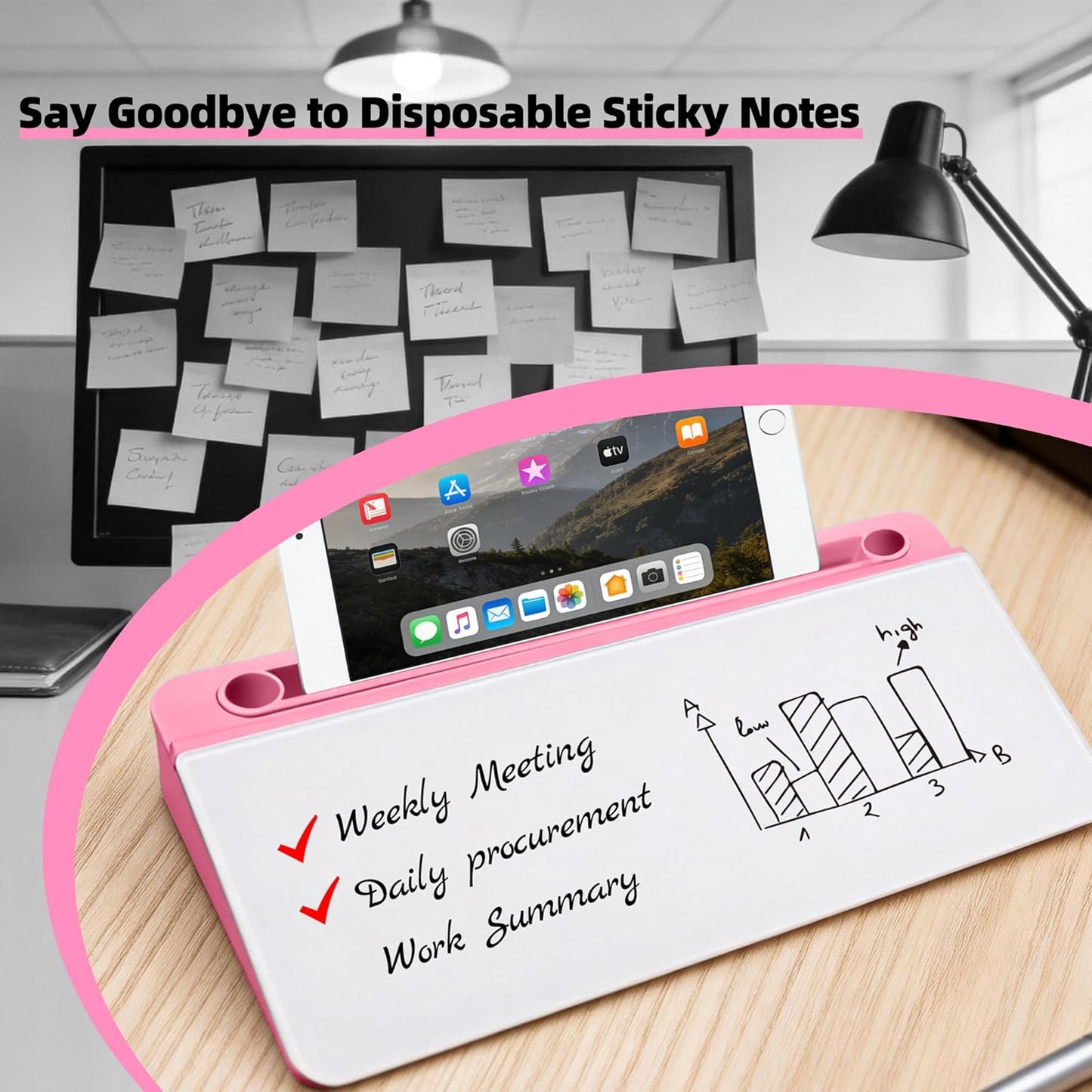 Desktop Whiteboard, Glass Dry Erase Board, Desk Board Buddy,Computer Keyboard Stand,Desk Whiteboard Organizer for Home,Office,School Supplies(White)