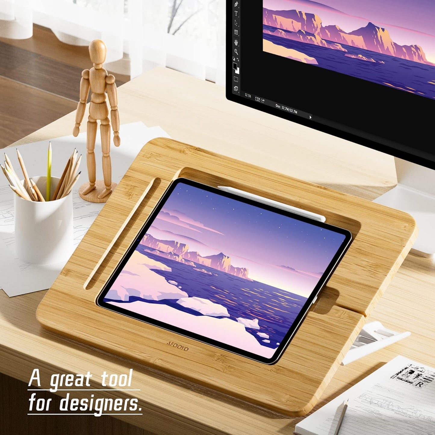 AFOOYO Bamboo Tablet Drawing Stand - Portable & Adjustable 5 Angles,Laptop Stands Riser, Book Reading Stand,Compatible with 9.7/10.2/10.5/10.9/11 inches