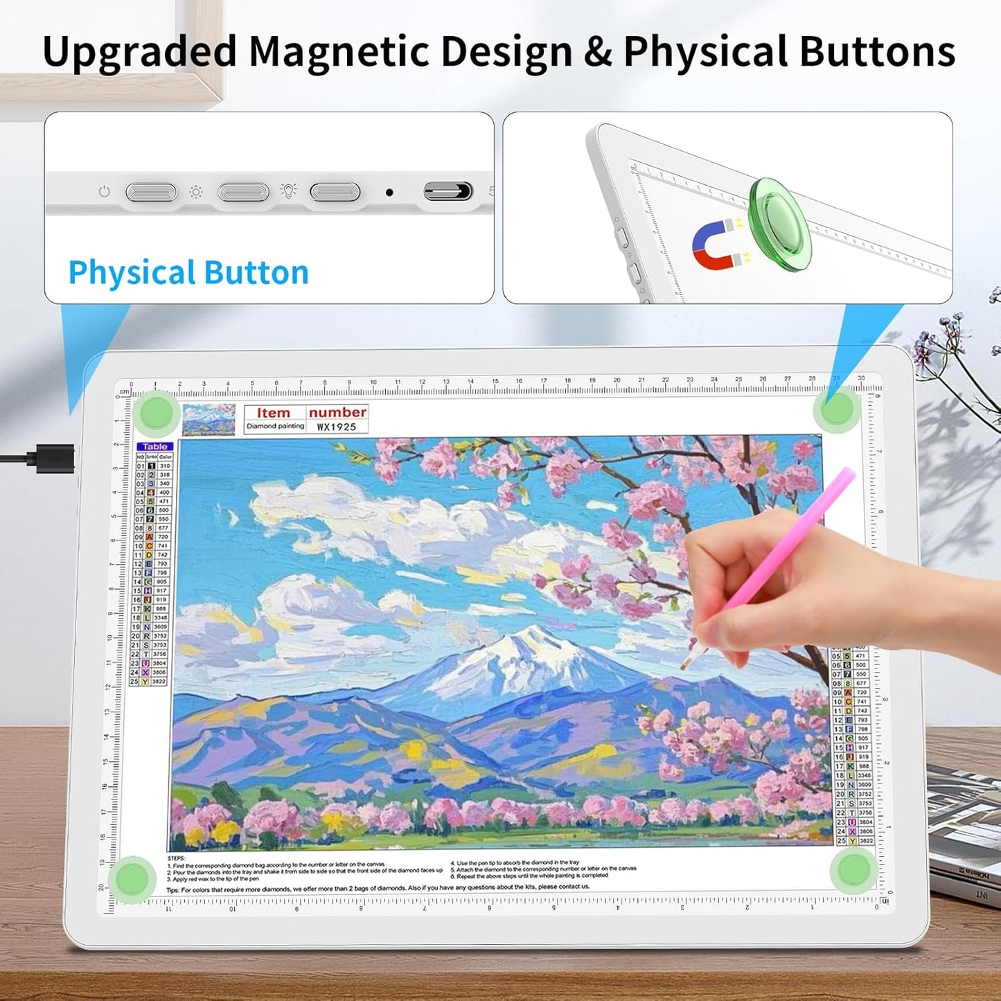 TOHETO A4 Light Board for Diamond Painting, Super Bright Magnetic Light Pad with Side Buttons, Lightbox for Tracing and Drawing, Corded Light Table for Sketching, Animation, Weeding Vinyl (Black)