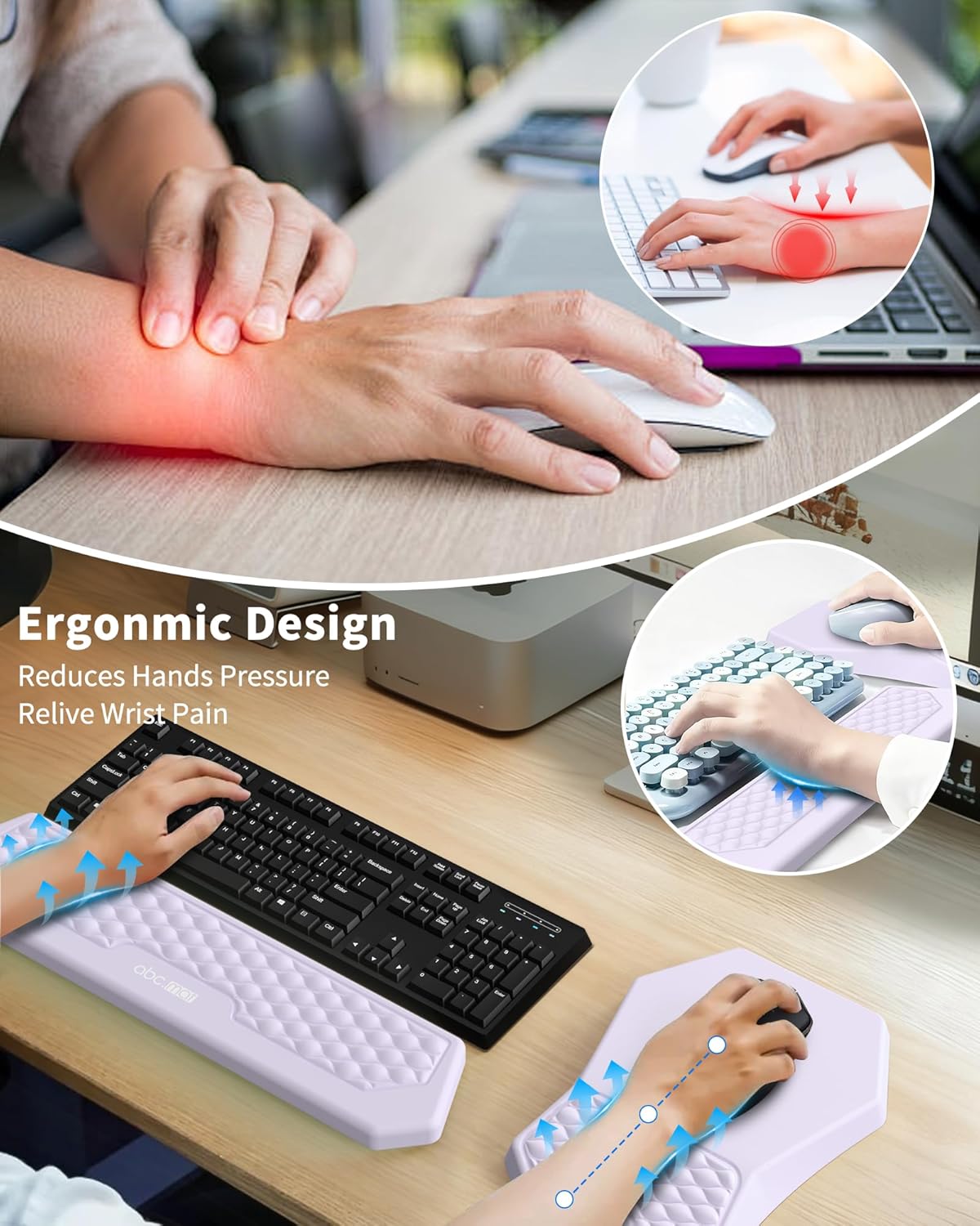 Ergonomic Mouse Pad and Keyboard Wrist Rest Support Set, Massage Design Mousepad for Carpal Tunnel Pain Relief, Memory Foam, Non-Slip PU Base for Computer Desk, Black