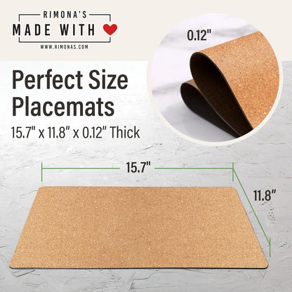 RIMONA'S Heat Resistant Cork Placemats Set of 4 - Natural Fine Cork, Waterproof, Heat Proof Table Protector, Non-Slip, Ideal for Gifting, Mother-in-Law Gift, All-Natural Hard Placemats