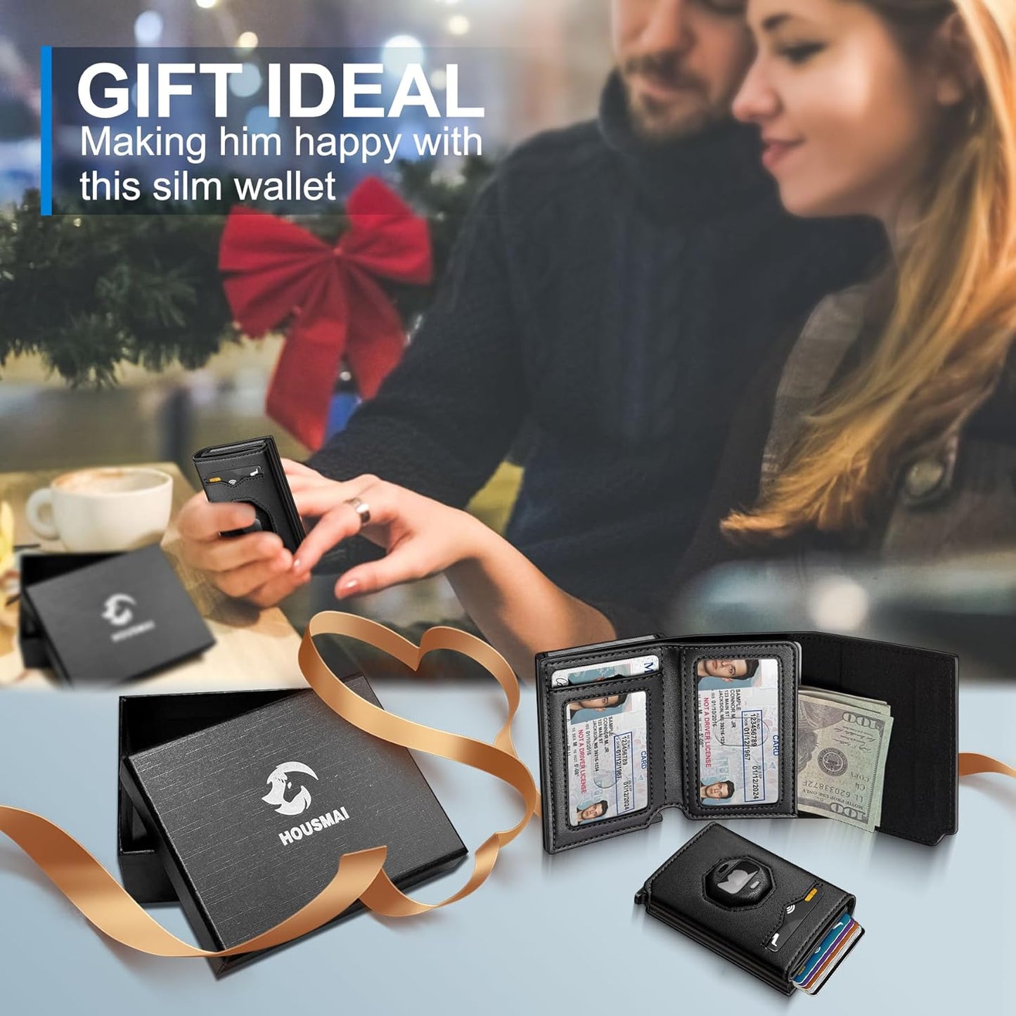 Airtag Wallet for Men,with Cash Pocket 2 ID Window 10+ Cards,Metal Case Smart Slim Pop Up Credit Card Holder Flip with Magnetic Closure RFID Blocking Trifold Leather wallet with Gift Box