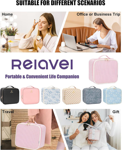 Relavel Travel Makeup Bag With LED Mirror, Cosmetic Train Case with Light up Mirror, Portable Makeup Artist Organizer Bag with Adjustable Dividers, Makeup Brush Holder Storage, Black