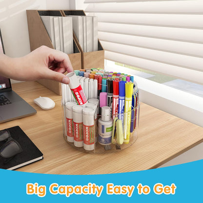 Mefirt Acrylic Pen Holder, 360 Degree Rotating Pen Organizer, Rotating Desk Acrylic Office Organizer with 6 Compartments, Marker Organizer for Kid, Crayon Caddy School Art Supply Storage Organizer