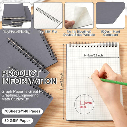 Engrowtic 6 Pack Graph Paper Spiral Notepad A5 Top Wirebound Notepad Grid Notebook Steno Pad Memo Notebook Grid Paper 140 Pages for Writing Sketching Drawing Office Supply (Black)