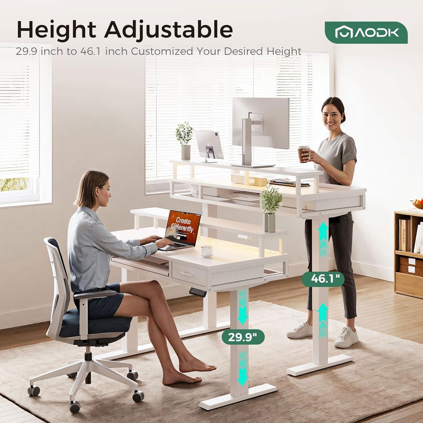 AODK Electric Standing Desk with Drawers & Keyboard Tray, 55 Inch Height Adjustable Gaming Desk with Power Outlets & LED Lights, Sit Stand Table with Monitor Stand for Home, Office, Rustic Brown