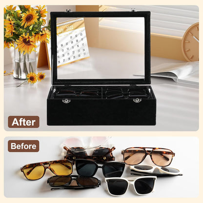 Frebeauty 16 Slots Sunglasses Organizer,2 Layer Velvet Sunglasses Tray with Glass Lid,Multiple Pairs Sunglass Display Case for Man or Woman,13.7 * 10.25 * 4.1 Inches Eyeglass/Eyewear Box (Beige)