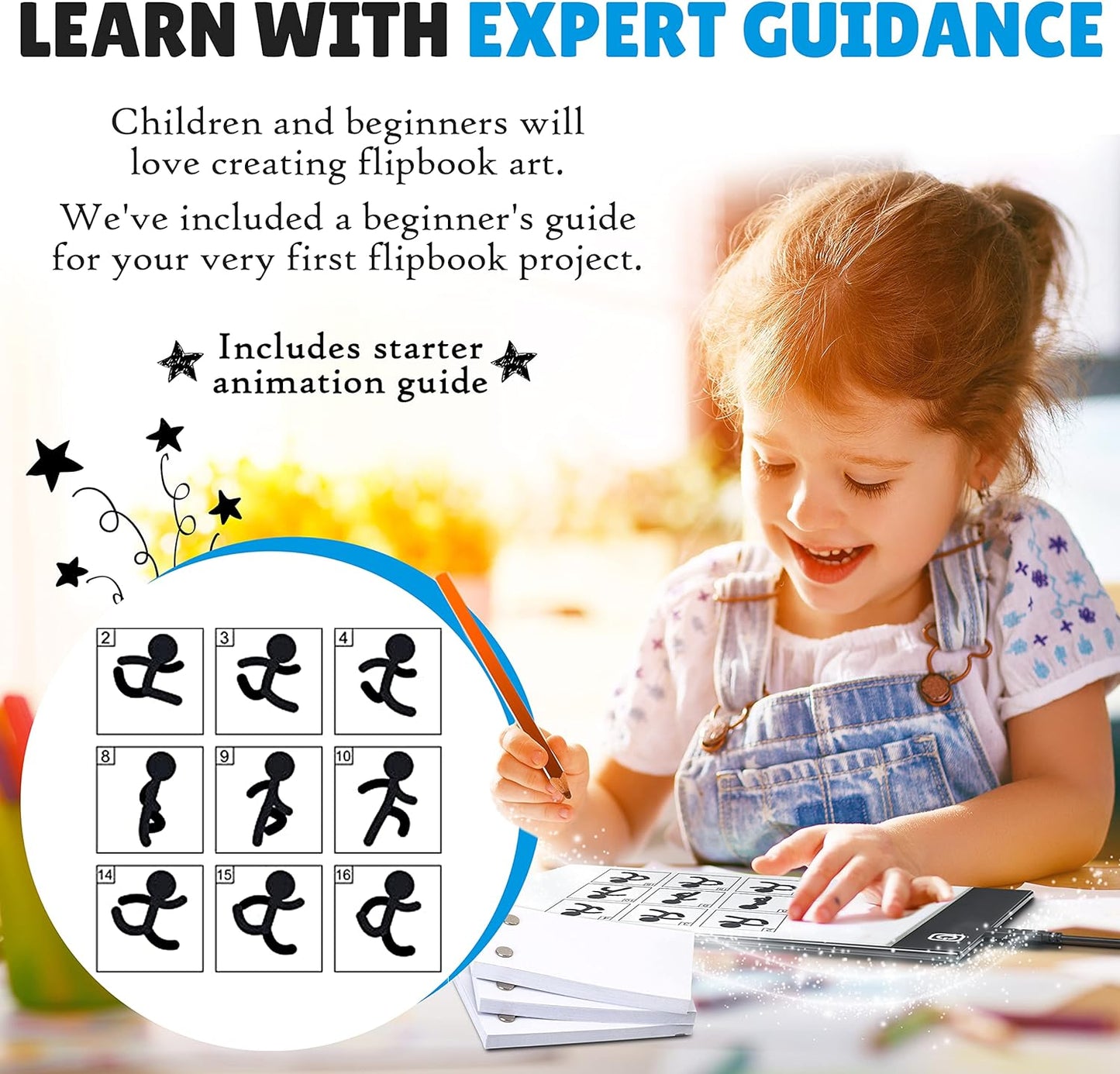 Flip Book Kit with LED Light Pad. Includes 240 Sheets Flip Book Paper with Screws for Drawing and Tracing. Animation Paper/Blank Flip Books for A5 Flipbook Kit for Kids 9-12 6-8. LED Light Box
