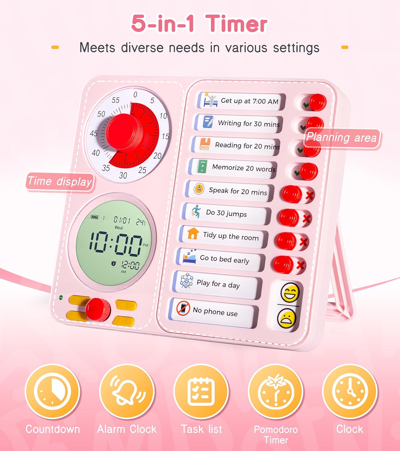 3-in-1 Visual Timer Task Timer with Chore Chart Board, ADHD Tool for Kids Adults Visual Schedule for Kids with Autism, Daily Checklist for Home, School, Classroom, Desk, Chore Chart