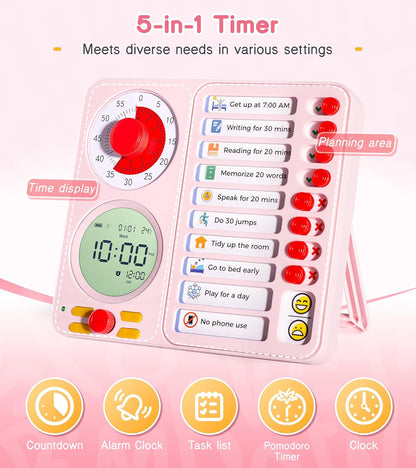 3-in-1 Visual Timer Task Timer with Chore Chart Board, ADHD Tool for Kids Adults Visual Schedule for Kids with Autism, Daily Checklist for Home, School, Classroom, Desk, Chore Chart
