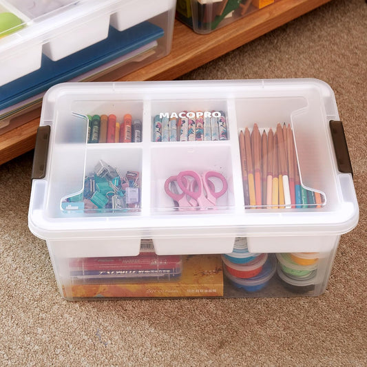 MACOPRO 17QT Craft Storage Box with 2 Removable Caddy Trays, Clear Stackable Plastic Organizer with Lid for Art Supplies, Beads, Sewing Tools, Pens & Kids Toys (White, 1Pack-2-in-1)