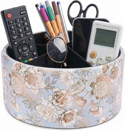 Round Leather Art Supply Organizer,Remote Control Holder,360 Degree Rotating,Multi-Functional Pencil Holder,4 Compartments Desktop Stationary Organizer(1-Fractal Flower) | Round - Colors B