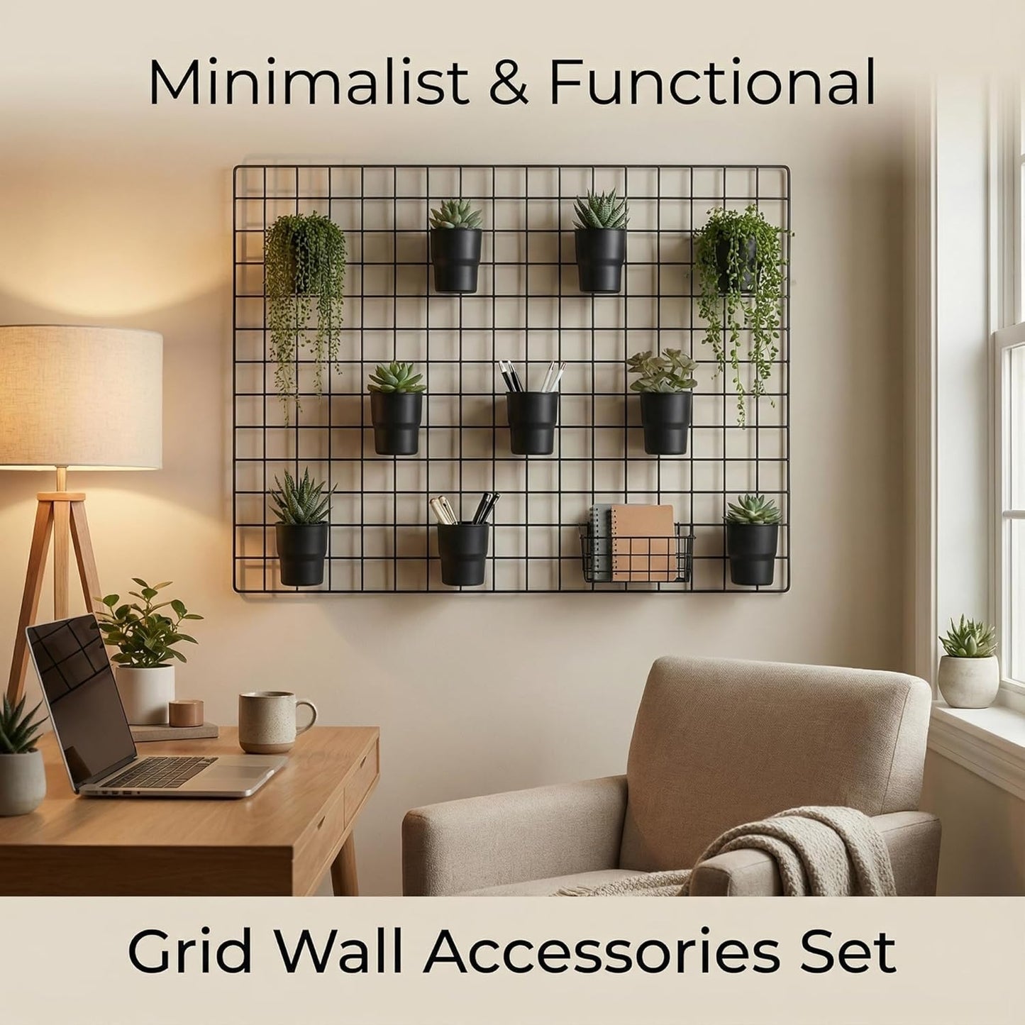 Kaforise15-Piece Wire Grid Panel Accessories Set, 10 Black Hanging Cups and 5 Stainless Steel Hooks, Wall Organizer for Art Supplies, Pen Holder, Vertical Garden Planter, Craft Room Storage