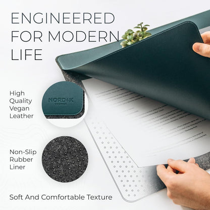 Nordik Felt and Leather Desk Mat - Willow Haze Sage - 35x17 Inch Felt and Vegan Leather Desk Blotter with Document Hideaway - Large Computer Mats for Desktop - Ideal Keyboard Mat for Office and Home