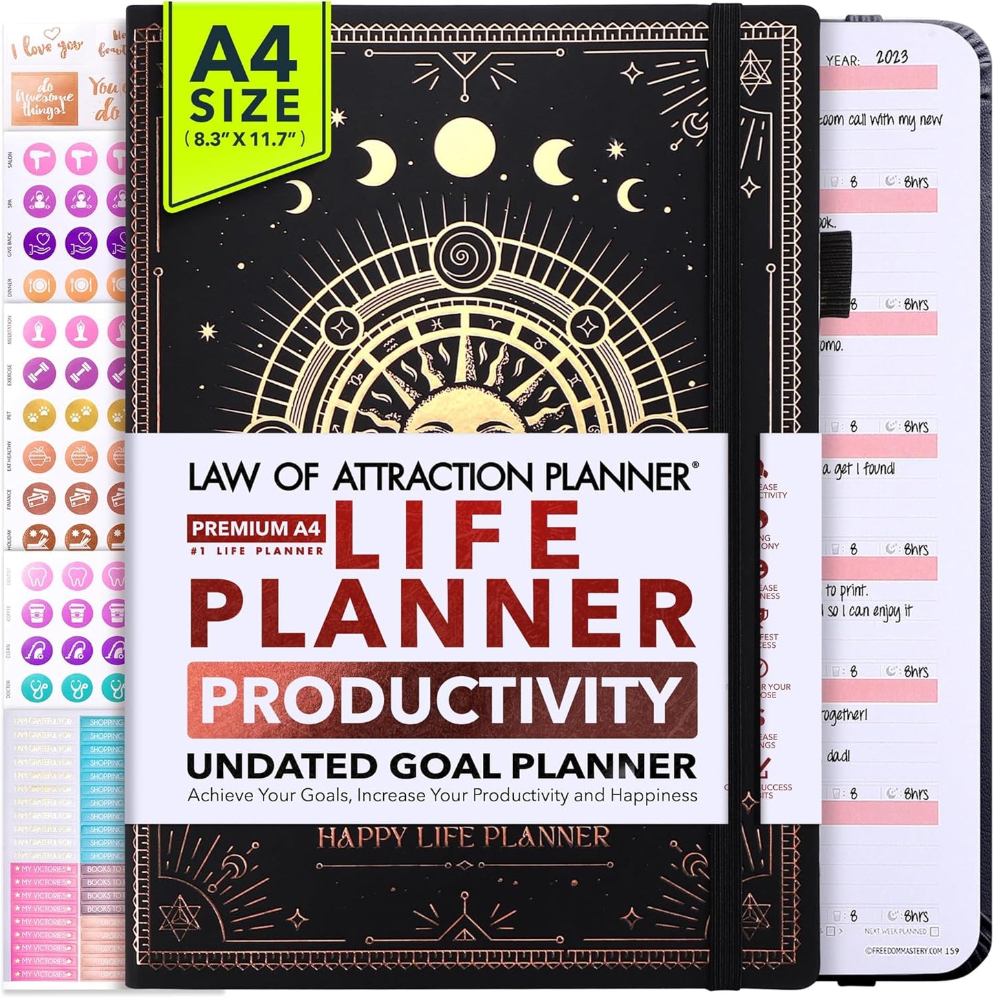 Life Planner - Undated Weekly & Monthly Planner, 12-Month Journey to Increase Productivity | Gratitude Journal, Life Organizer & Goal Journal | Include Foldable Vision Board, Habit Tracker & Stickers