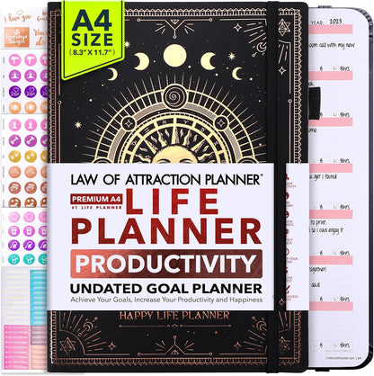 Life Planner - Undated Weekly & Monthly Planner, 12-Month Journey to Increase Productivity | Gratitude Journal, Life Organizer & Goal Journal | Include Foldable Vision Board, Habit Tracker & Stickers