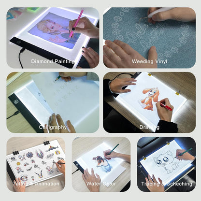 comzler A4 LED Light Board, 3 Level Dimmable Brightness USB Power Artcraft Light Table for Tracing, Light Drawing Sketch Pad for Animation, Sketching, Drawing, Stenciling, Artists - Black