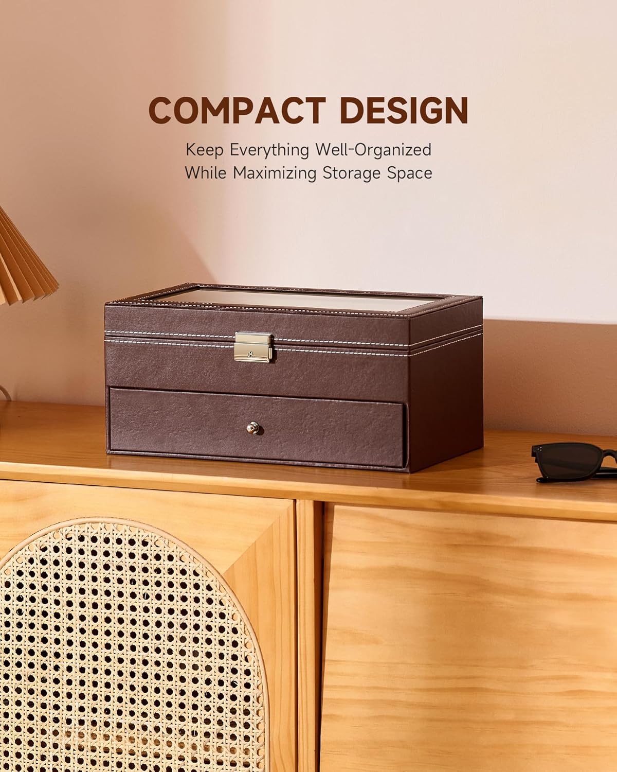CO-Z Sunglasses Organizer with 12 Slots, Multiple Eyeglasses Eyewear Display Case for Women Men, 2 Story Leather Multi Sunglasses Jewelry Collection Holder with Drawer