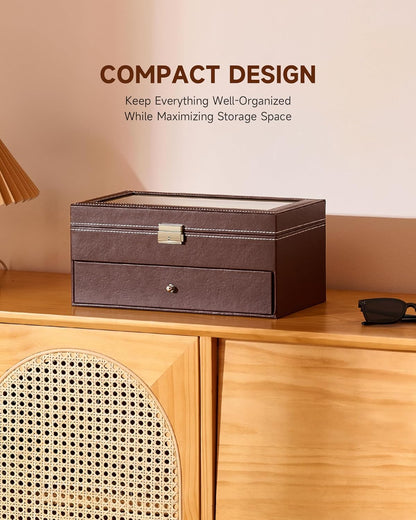 CO-Z Sunglasses Organizer with 12 Slots, Multiple Eyeglasses Eyewear Display Case for Women Men, 2 Story Leather Multi Sunglasses Jewelry Collection Holder with Drawer