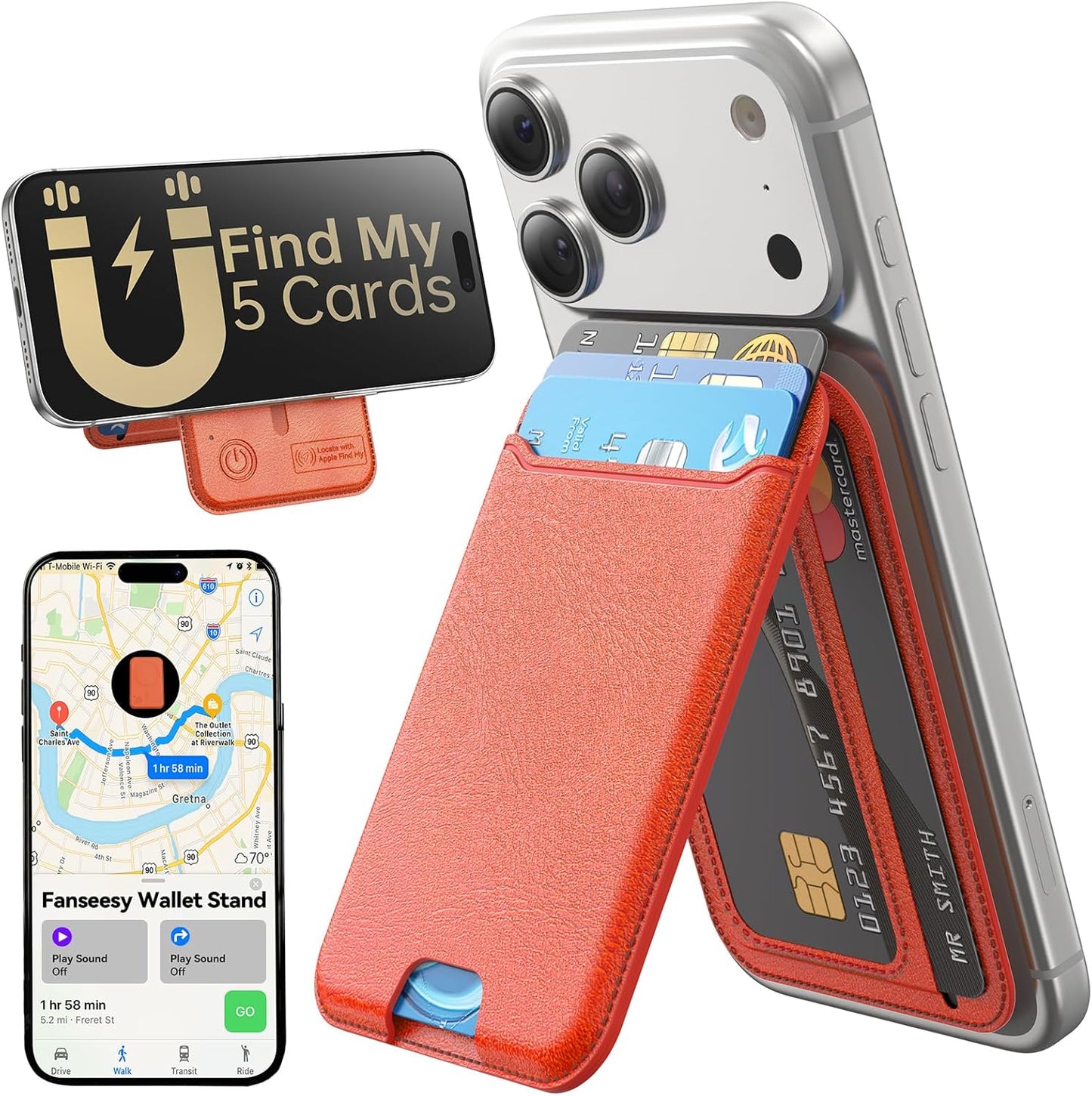for MagSafe Wallet, Works with Apple Find My,5 Card Holder with Stand, Magnetic Phone Wallet Stand for iPhone 17/16/15/14/13/12 Pro Max Air Plus, RFID Blocking Vegan Leather,Black