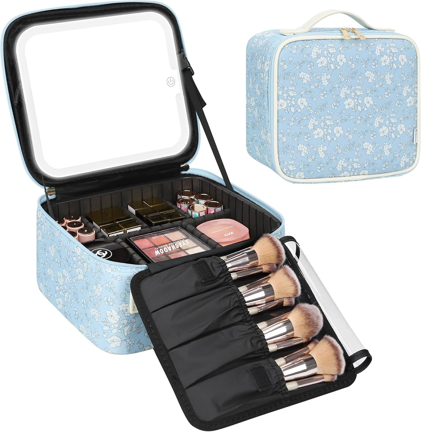 Relavel Travel Makeup Bag With LED Mirror, Cosmetic Train Case with Light up Mirror, Portable Makeup Artist Organizer Bag with Adjustable Dividers, Makeup Brush Holder Storage, Black