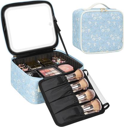 Relavel Travel Makeup Bag With LED Mirror, Cosmetic Train Case with Light up Mirror, Portable Makeup Artist Organizer Bag with Adjustable Dividers, Makeup Brush Holder Storage, Black