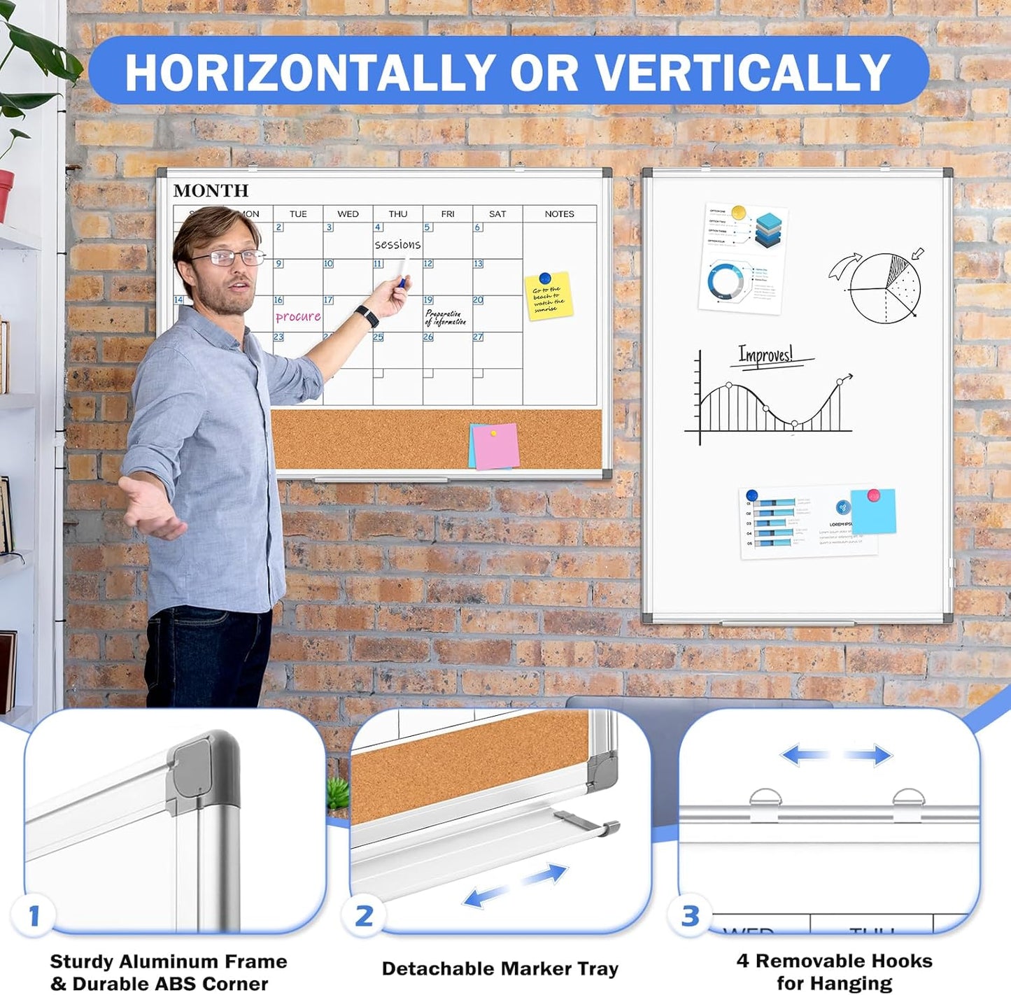 Weekly Dry Erase Calendar Whiteboard for Wall, 24" x 18" Double-Sided Weekly Planner White Board Cork Combo, Hanging & Wall Mount Week Bulletin Board with Notes for Home, Office, School, Kitchen