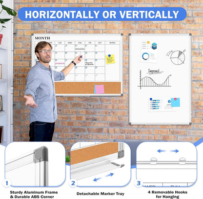 Weekly Dry Erase Calendar Whiteboard for Wall, 24" x 18" Double-Sided Weekly Planner White Board Cork Combo, Hanging & Wall Mount Week Bulletin Board with Notes for Home, Office, School, Kitchen